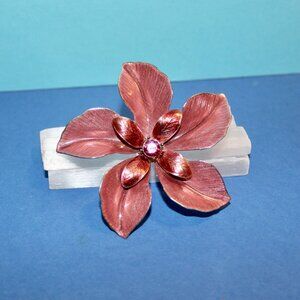 Vintage Pink Enamel Flower Brooch Metal Floral Pin with Rhinestone